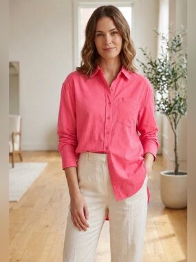 Dynamite 100% Cotton Button‑Up Oversized Shirt – Coral Pink, Size Small